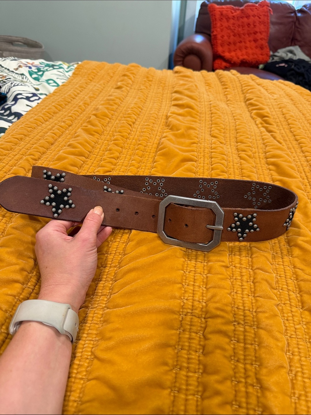 Free People Brown Studded Leather Waist Belt with Silver Buckle